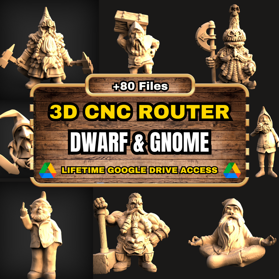 Dwarf & Gnome 3D CNC Router STL Pack: +80  STL Files of Dwarves And Gnomes Models For 3D Cnc Router Machine - Lifetime Google Drive Access