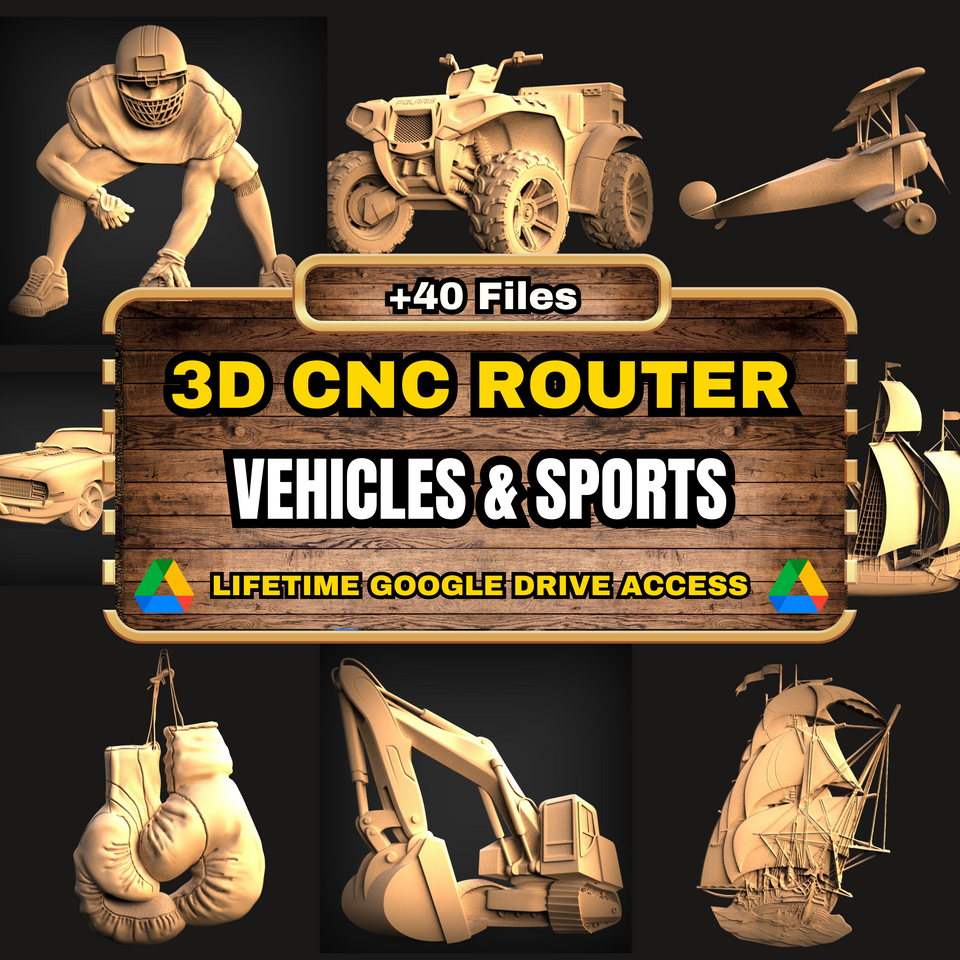 Vehicles & Sports 3D CNC Router STL Pack: +40  STL Files of Car Ship Sport Models For 3D Cnc Router Machine - Lifetime Google Drive Access